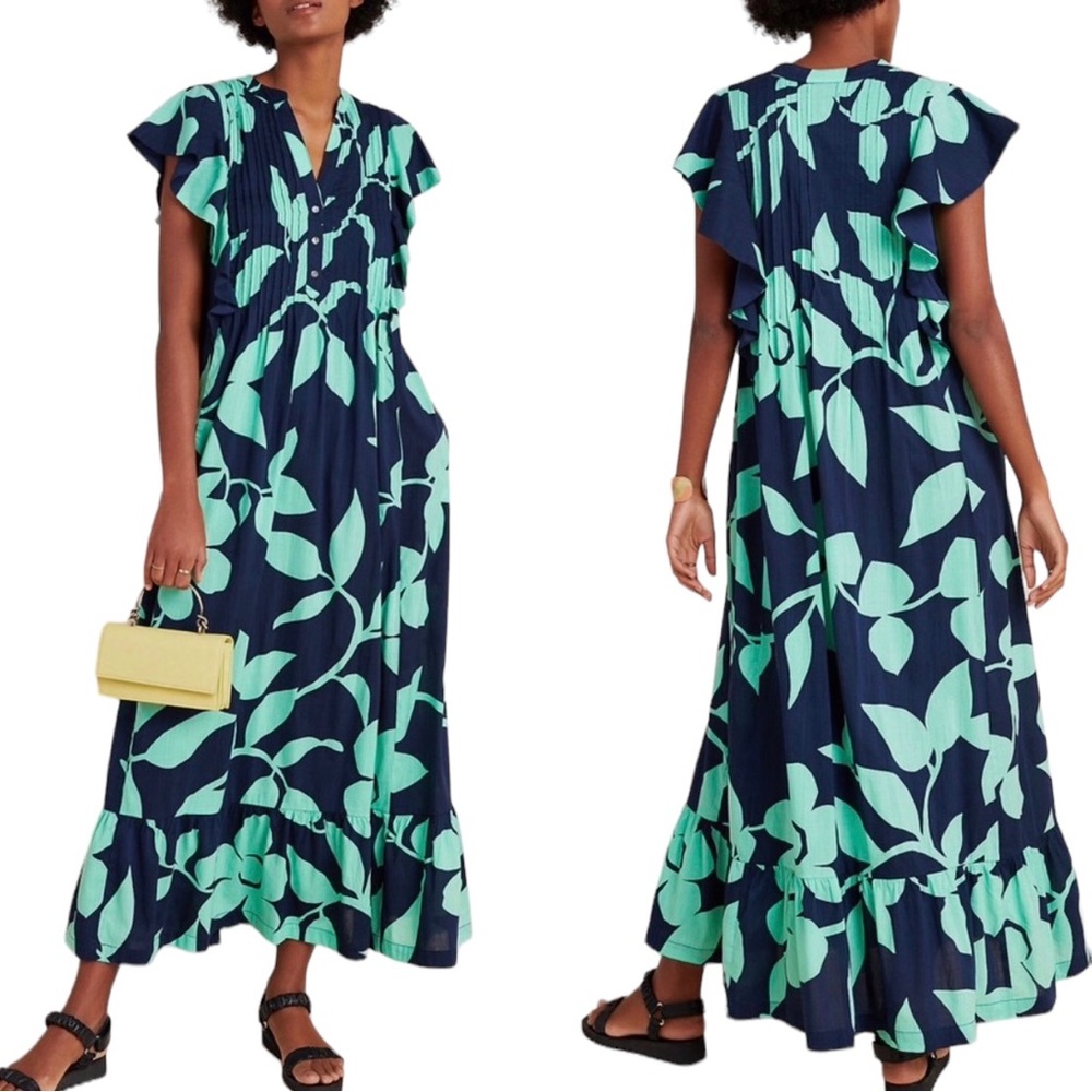 ANTHROPOLOGIE MAEVE Cassandra Blue Green Floral Flutter Sleeves Maxi Dress Sz M - Picture 2 of 15